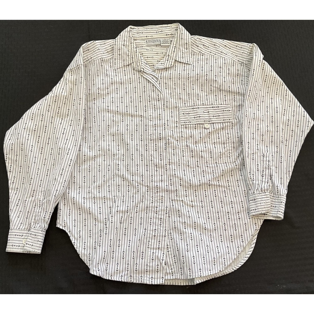 Khazana Shirt Mens Small White Black Arrow Print Button Up Long Sleeve Pocket
